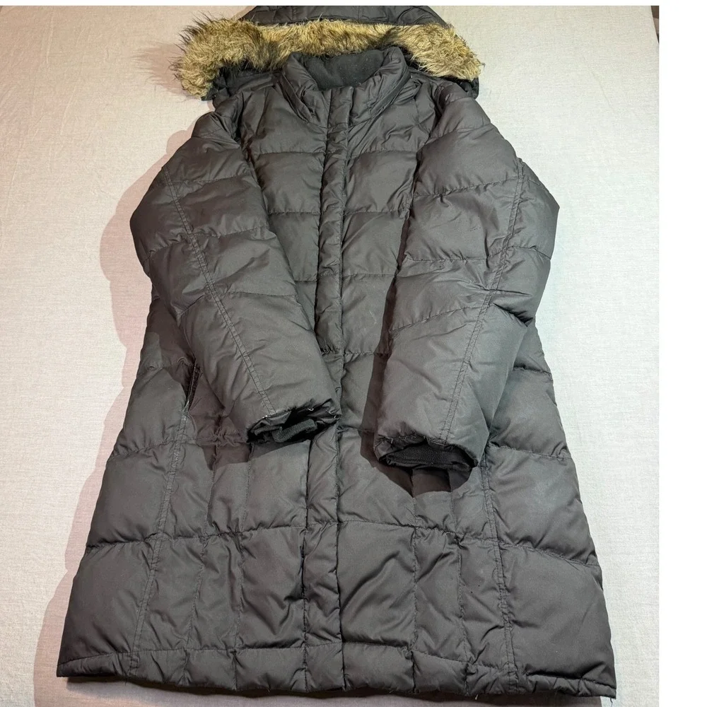 Eddie Bauer Down Parka Women Large Black Good Quilted Faux Fur Hood Jacket